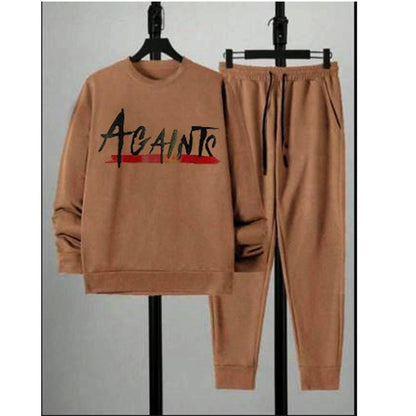 Men Fleece Printed Track Suit Brown 2Pcs