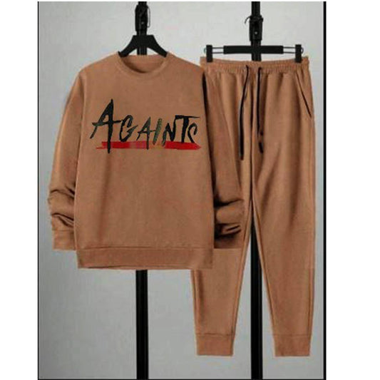 Men Fleece Printed Track Suit Brown 2Pcs