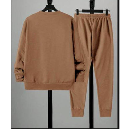 Men Fleece Printed Track Suit Brown 2Pcs