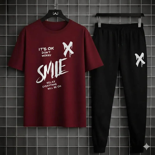 Men Maroon Printed Track Suit with "SMILE" Graphic