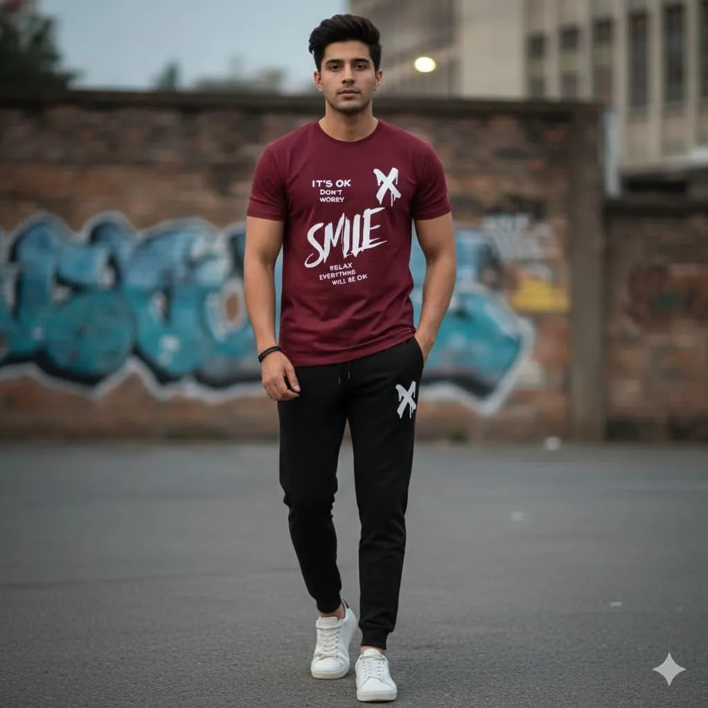 Men Maroon Printed Track Suit with "SMILE" Graphic