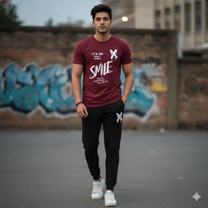 Men Maroon Printed Track Suit with "SMILE" Graphic