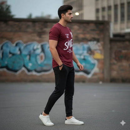 Men Maroon Printed Track Suit with "SMILE" Graphic