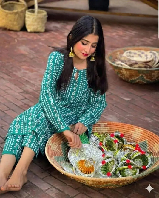 2 Pcs Women's Stitched Linen Block Printed Shirt And Trouser