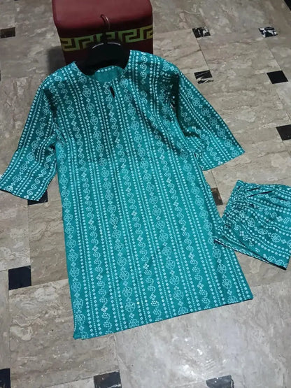 2 Pcs Women's Stitched Linen Block Printed Shirt And Trouser