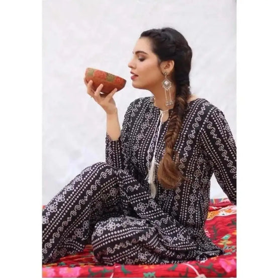 2 Pcs Women's Stitched Linen Block Printed Shirt And Trouser
