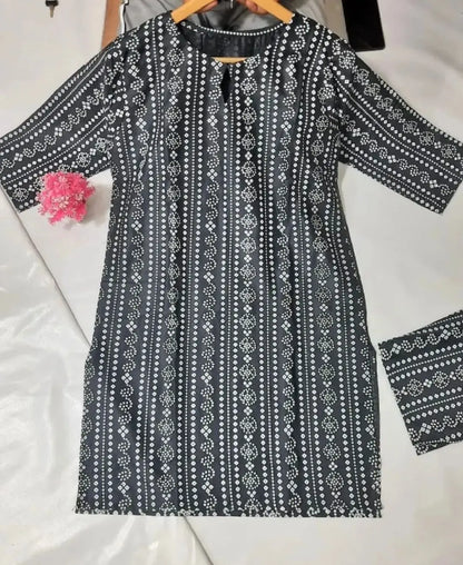 2 Pcs Women's Stitched Linen Block Printed Shirt And Trouser