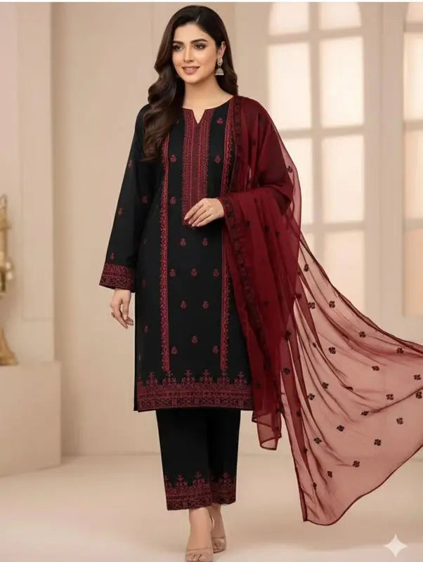 3 Pcs Women's Unstitched Embroidered Suit