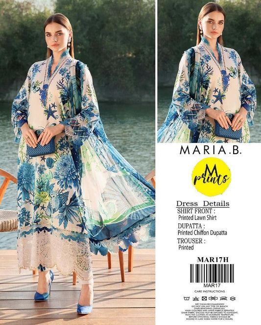 Printed Lawn 3-Piece Suit Blue Floral for Women