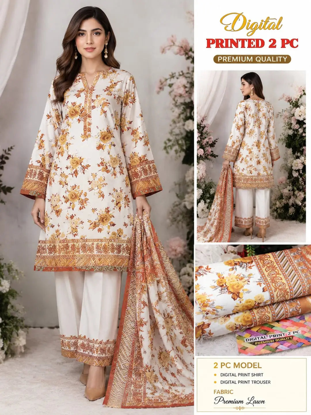 2 Pcs Women's Unstitched 3-D Block Printed Suit