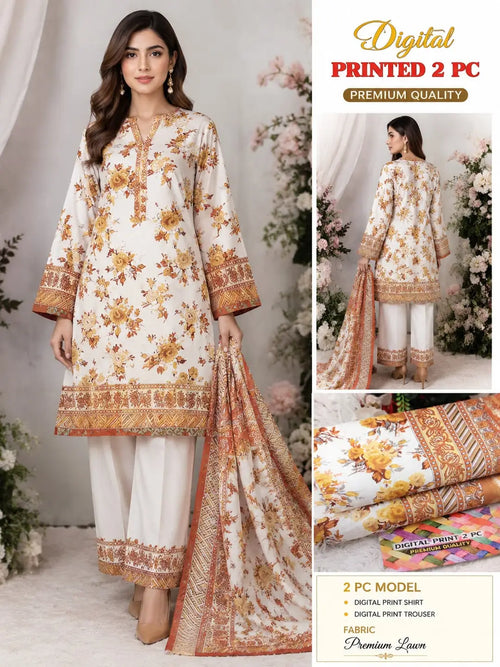 2 Pcs Women's Unstitched 3-D Block Printed Suit