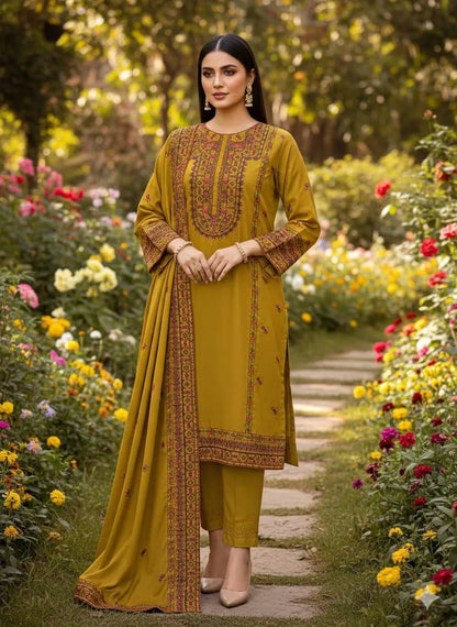 3 Pcs Women's Unstitched Embroidered Suit